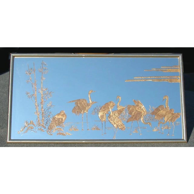 Vintage Oriental Asian Hollywood Regency Wall Mirror W Etched Gold Crane Birds For Sale - Image 13 of 13