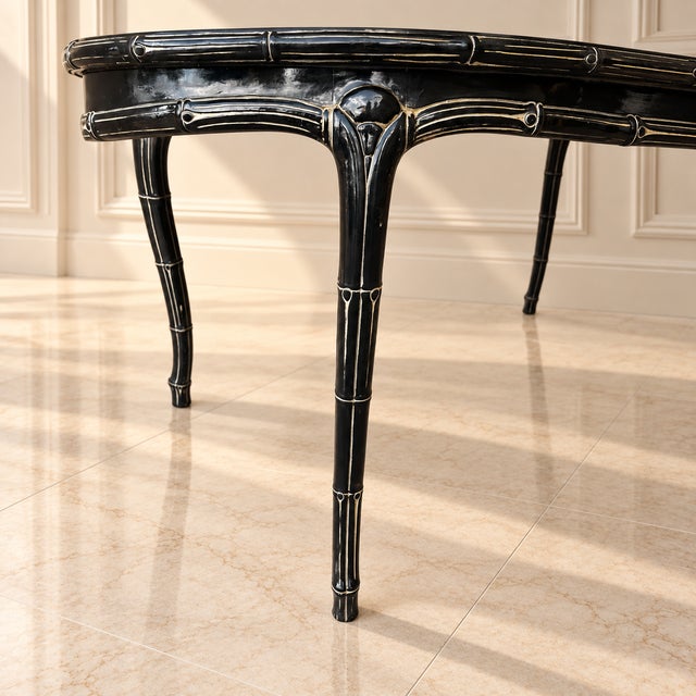 Vintage Chinoiserie Dark Jade Lacquer Faux Bamboo Dining Table With Glass & Woven Panel Top For Sale - Image 12 of 13