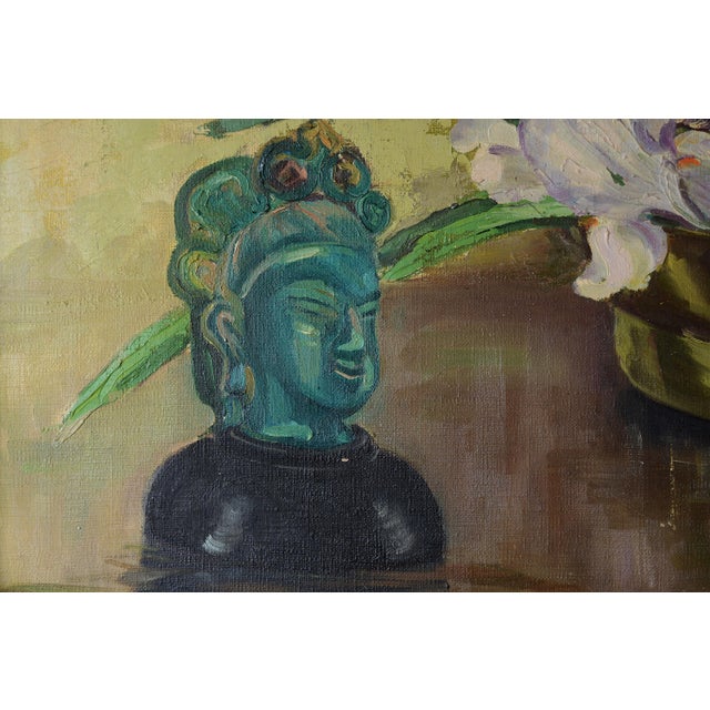 Gladys T Smith Still Life of Flowers and Buddha Head Oil Painting For Sale In San Francisco - Image 6 of 15