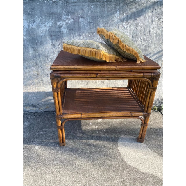Bamboo Table . Mid Century Modern Bamboo Table. Bamboo and Rattan Table With Woven Top Detail and Shelf For Sale - Image 12 of 12