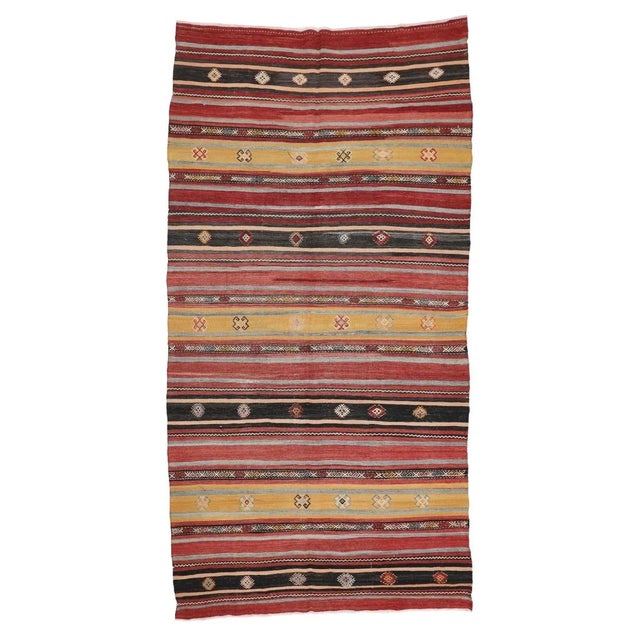 Textile Mid 20th Century Striped Vintage Turkish Kilim Rug For Sale - Image 7 of 7