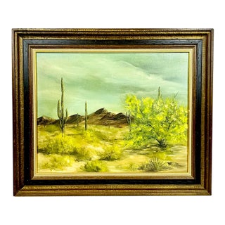 1970s Vintage Southwestern Impressionist Saguaro Landscape Folk Art Original Oil Painting, Artist Signed For Sale