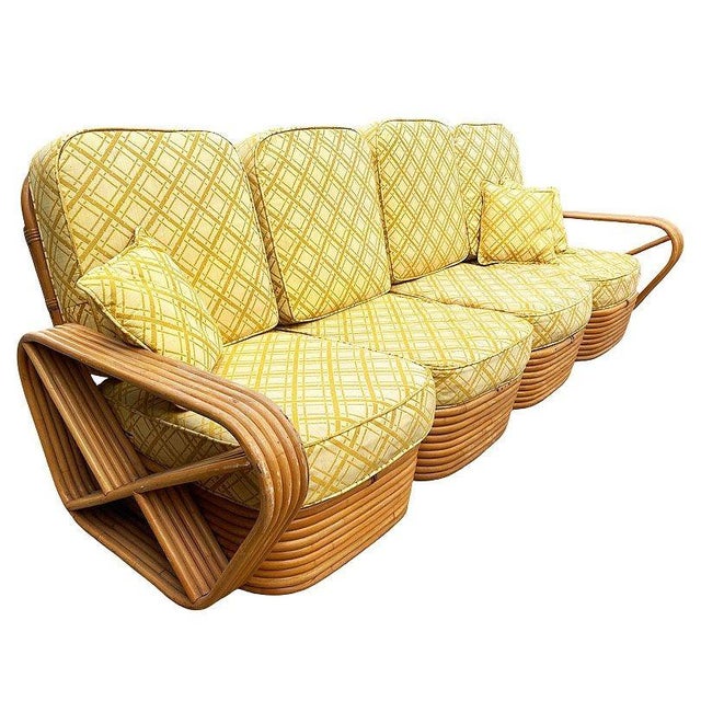 1950s 1950s Restored Mid-Century 5-Strand Square Pretzel Rattan Chair & Sofa Livingroom Set For Sale - Image 5 of 11