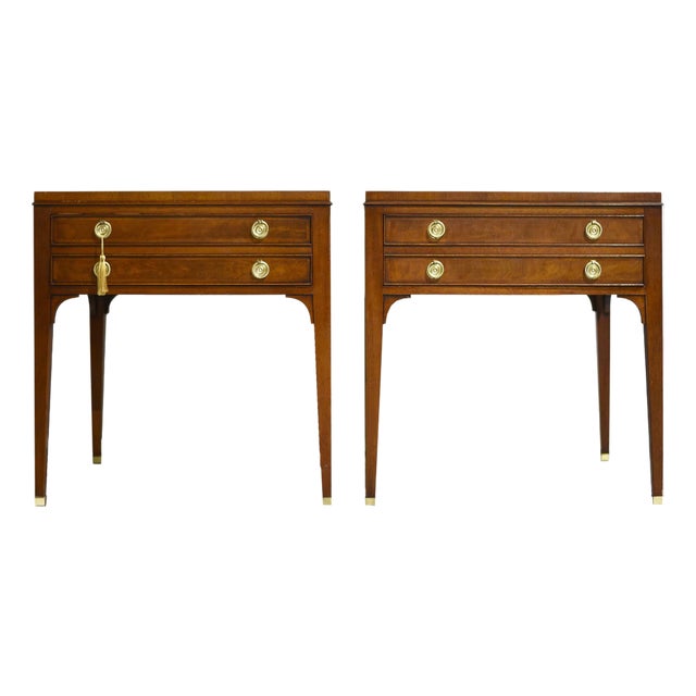 Mid Century French Directoire Mahogany Leather Side Tables by Heritage Henredon - A Pair For Sale