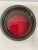 Vintage Danish Pottery Dish with a vibrant red enamel center. Løvmose Denmark embossed on bottom.