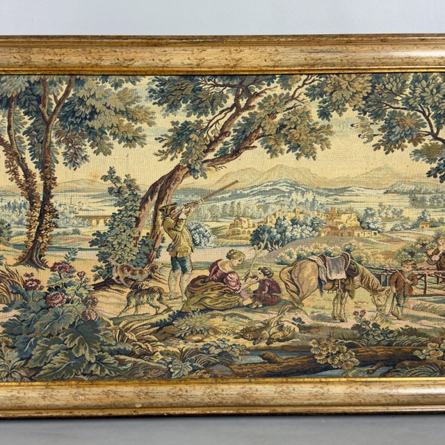 Tapestry Pastoral Scene Landscape Forest in Wooden Frame, 1900s For Sale - Image 3 of 10