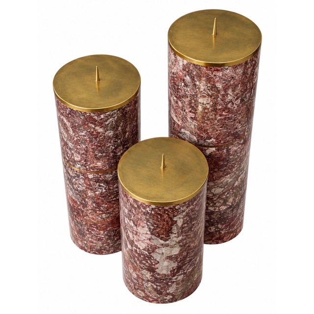 1980s 3 Maitland-Smith Tessellated Rosso Levanto Marble & Brass Candle Columns, 1980 For Sale - Image 5 of 6