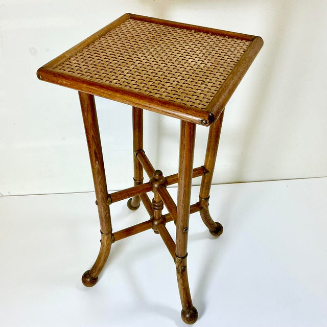 1950s Vintage Arts & Crafts Boho Chic Oak, Cane & Brass Stick & Ball Drinks Table For Sale - Image 11 of 13