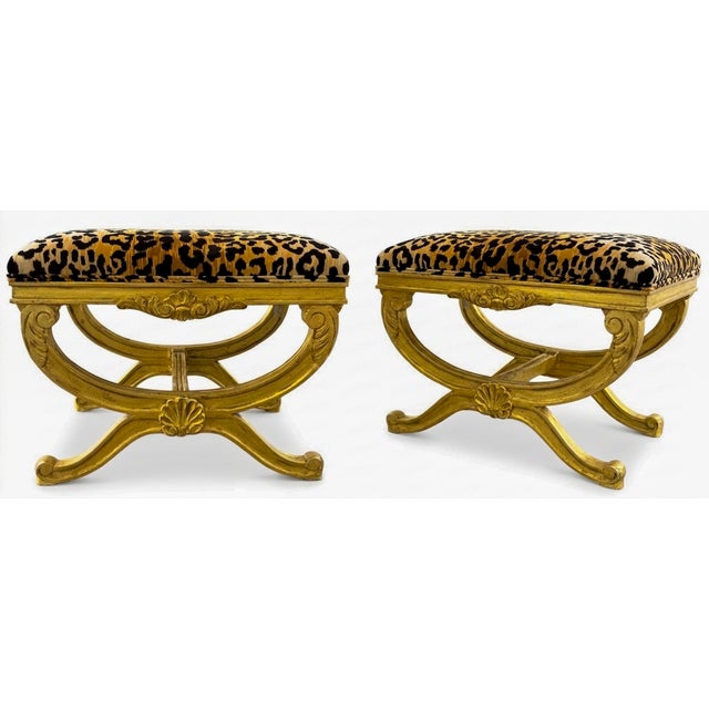 Gold Mid-Century Italian Neo-Classical Style Giltwood & Leopard Velvet X-Base Ottomans - Pair For Sale - Image 8 of 9