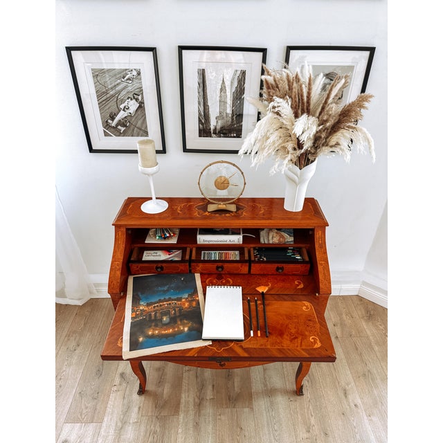 Wood Louis XV Italian Bombé Marquetry Secretary Desk, 1960s For Sale - Image 7 of 18