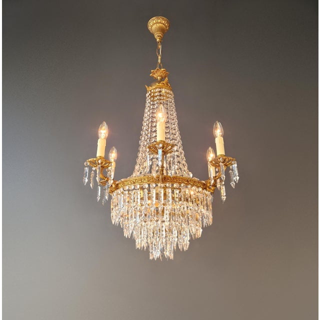 1900 - 1909 Antique Italian Baroque Style Crystal Chandelier Brass Basket Form Restored For Sale - Image 5 of 10