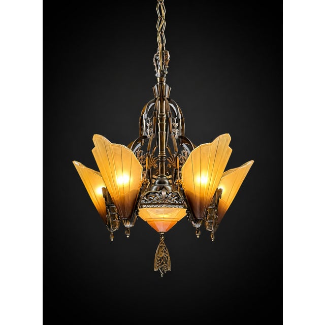 1930s 1930s Mid-West Mfg. Soleure Series Art Deco 6-Light Slip Shade Chandelier in Cast Bronze For Sale - Image 5 of 15