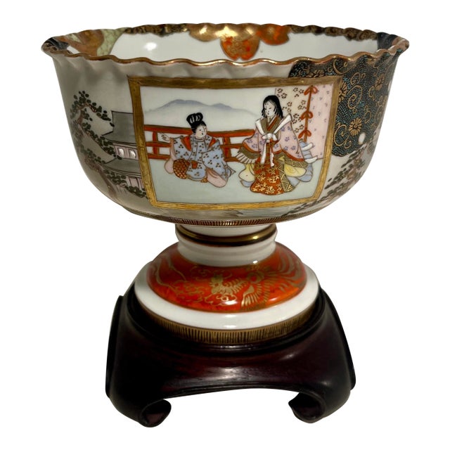 Antique Meiji Period Japanese Kutani Polychrome Porcelain Stem Cup Footed Bowl For Sale