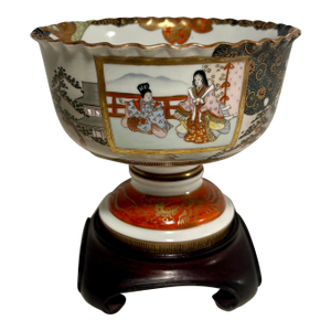 Antique Meiji Period Japanese Kutani Polychrome Porcelain Stem Cup Footed Bowl