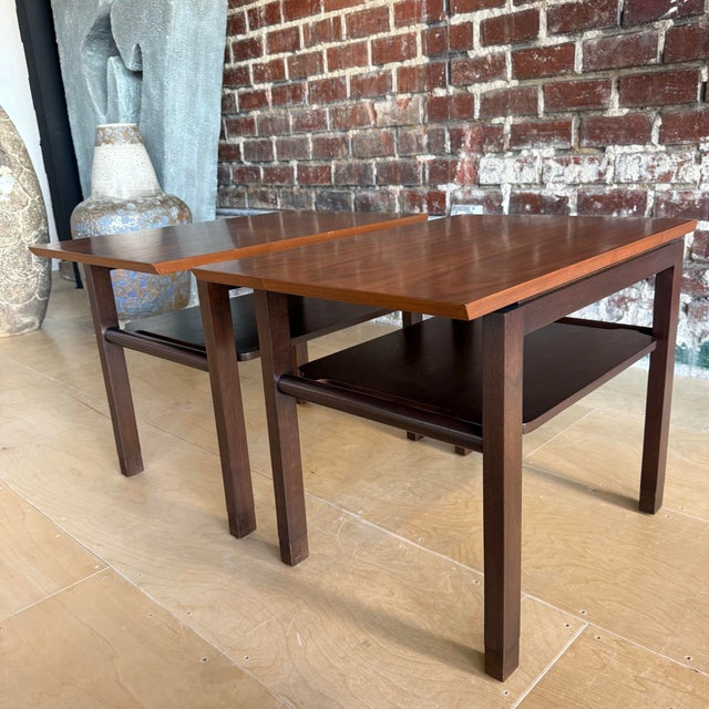 Mid 20th Century Pair of Dunbar Walnut and Mahogany Side Tables With Leather Capped Feet For Sale - Image 5 of 12