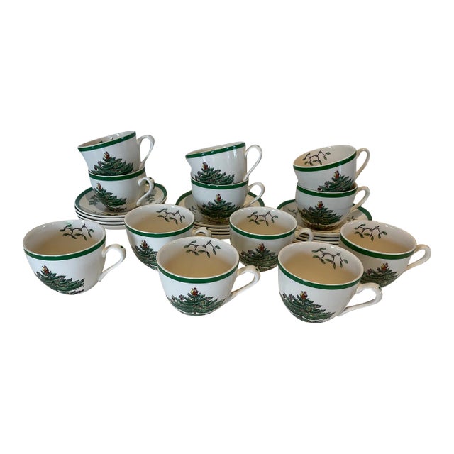 1980s Spode “Christmas Tree” Teacups & Saucers Set- 24 Pieces For Sale