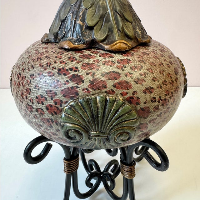 Vintage Decorative Leopard Pattern Box With Finial Lid by John Richard For Sale - Image 4 of 11