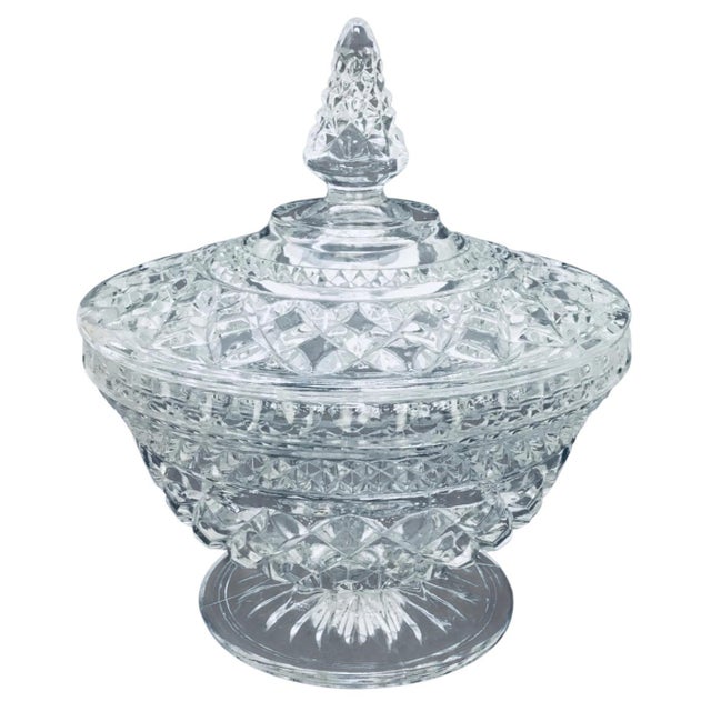 Anchor Hocking lidded candy dish in the Wexford pattern with pressed glass featuring a distinctive diamond and fan design.