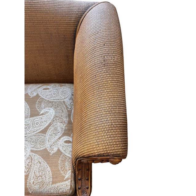 Vintage British Colonial Tommy Bahama Style Woven Rattan Loveseat For Sale - Image 4 of 12
