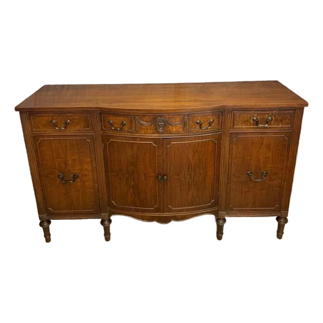 Vintage c.1950's Drexel Flame Mahogany Serpentine Breakfront Buffet Credenza (D. 821-11 Wal) For Sale