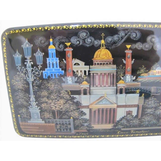 Russian Kholuy Panoramic Saint Petersburg Hand Painted Lacquer Casket Box Signed For Sale - Image 12 of 16