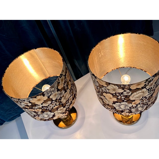 Beige Large Brutalist Table Lamps in Velvet and Brass with Opulent Floral Decor, 1970s, Set of 2 For Sale - Image 8 of 18