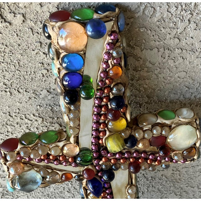 Late 20th-Century Mosaic-Style Faux "Jeweled" Stone, Glass & Wood Cross Wall Hanging For Sale - Image 13 of 16