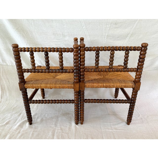 Wood Exceptional Pair of French Oak Bobbin Corner Chairs For Sale - Image 7 of 9