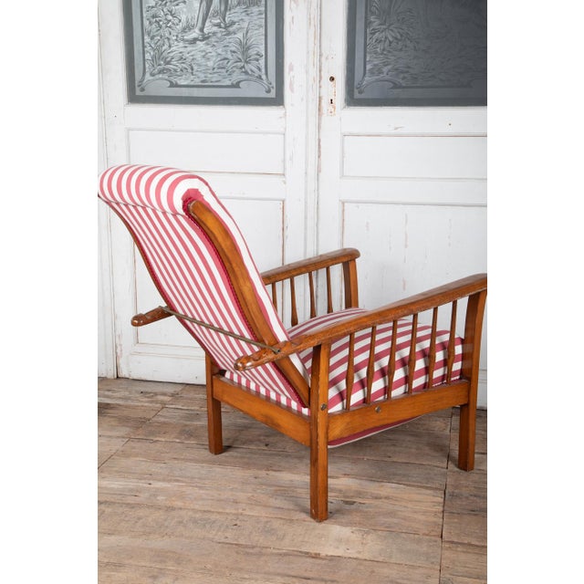 Wood 1920s French Morris Reclining Chair With Red Stripe Cushions For Sale - Image 7 of 10