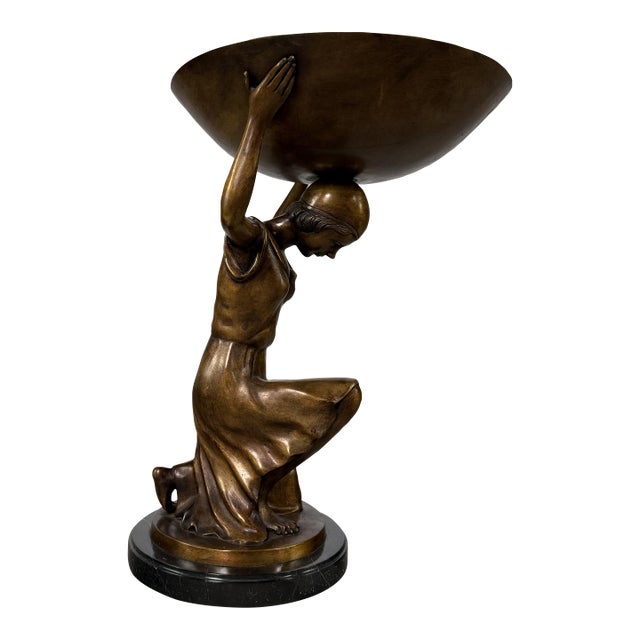 Bronze Female Figure, Centerpiece Bowl / Tray on Marble - 21” H For Sale