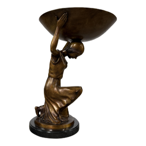 Bronze Female Figure, Centerpiece Bowl / Tray on Marble - 21” H