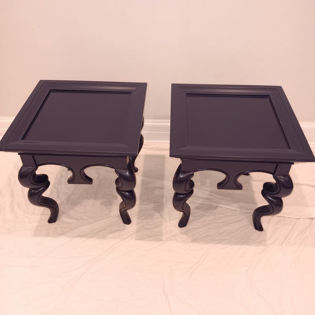 Mid Century Modern/Hollywood Regency/French Provincial Solid Wood Navy Blue End Table - A Pair For Sale - Image 17 of 18