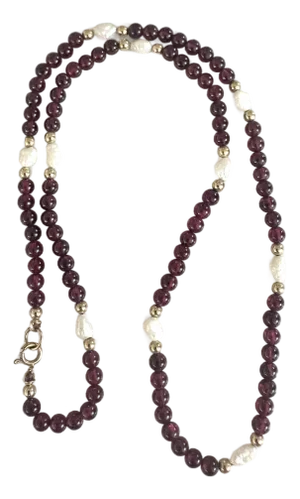 Garnet and Freshwater Pearl Gold Necklace With Gold Spacers