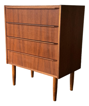 Vintage Danish Mid Century Modern Teak Four-Drawer Chest of Drawers Commode, Circa 1960s