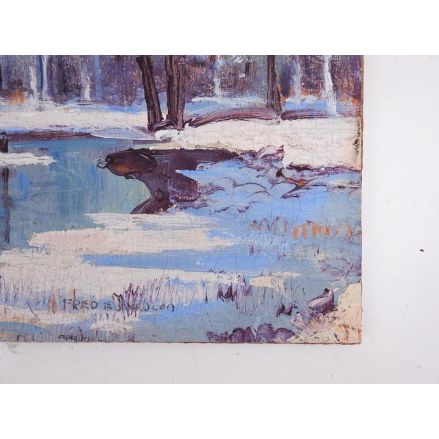 Early 20th Century Vintage Impressionist Snowy Winter River Landscape Painting For Sale - Image 5 of 8