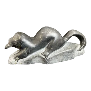 Vintage Canadian Inuit Eskimo Soapstone Carving Sea Otter Eating Fish Sculpture by Davitiapik