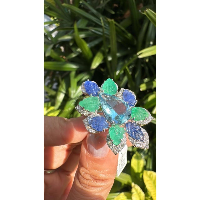 Blue Set in 18k Gold, Aquamarine, Blue Sapphires, Emeralds & Diamonds Cocktail Ring, Us Size 7 For Sale - Image 8 of 10