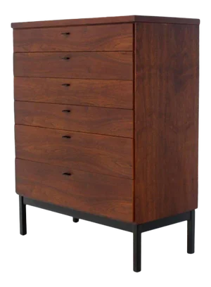 Mid-Century Modern Oiled Walnut Bookmached Six Drawers High Chest Dresser on Bracket Legs