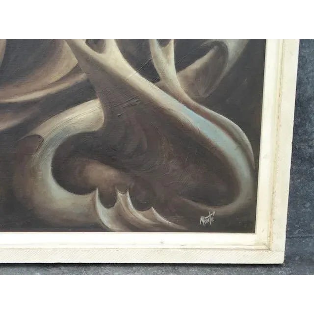 Mid-Century Modern Biomorphic Surrealistic Oil on Board Signed Monte 1950s For Sale - Image 3 of 5