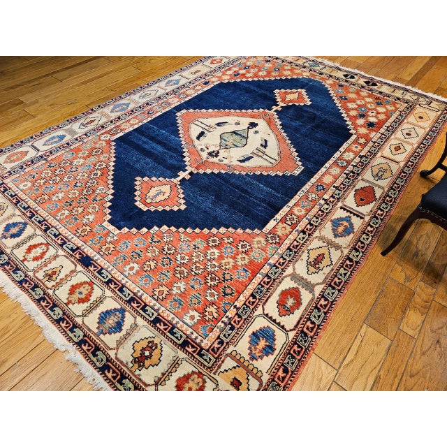 Turkish Vintage Turkish Azeri Rug, Hand-Knotted Handspun Wool, Geometric Serapi Pattern, Vegetable Dyes, Navy & Red, 8x11 For Sale - Image 3 of 15