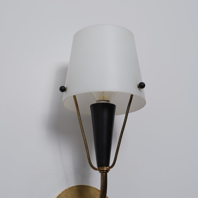 Italian Brass, Black Metal and Opaline Glass Wall Sconces, 1950s, Set of 2 For Sale - Image 4 of 11