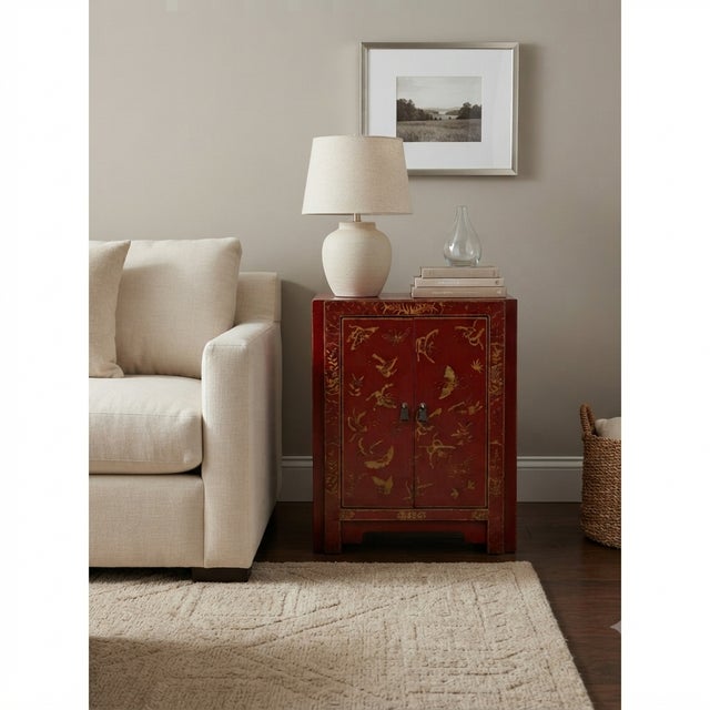 Wood Vintage Style Red Cabinet Gold Butterfly Motifs End Table Nightstand For Sale - Image 7 of 8
