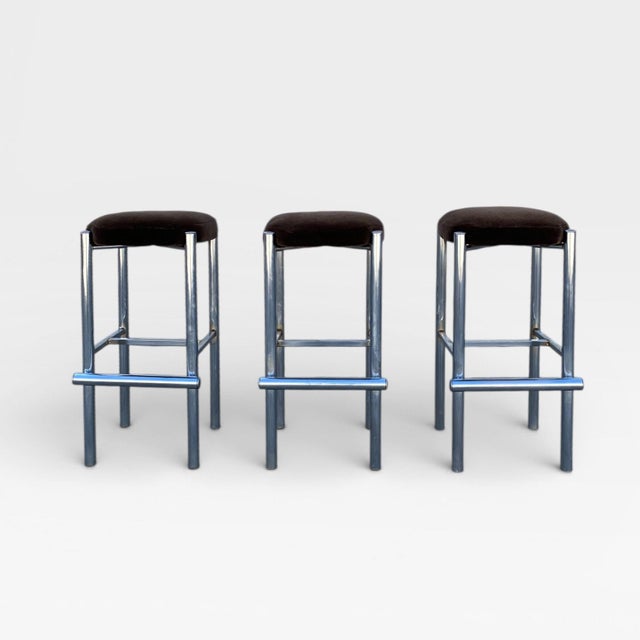 Chrome Bar Stools With Chocolate Velvet Seats, Set of Three,Vintage Mid Century For Sale - Image 4 of 18