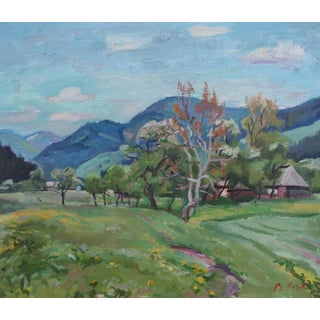 Mountain Landscape Antique Oil Painting Original Soviet Art Ukrainian Artist Kozik v.g. 43-50 1980s For Sale