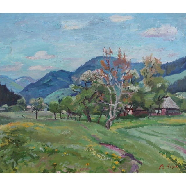 Mountain Landscape Antique Oil Painting Original Soviet Art Ukrainian Artist Kozik v.g. 43-50 1980s For Sale