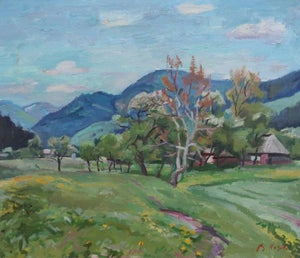 Mountain Landscape Antique Oil Painting Original Soviet Art Ukrainian Artist Kozik v.g. 43-50 1980s