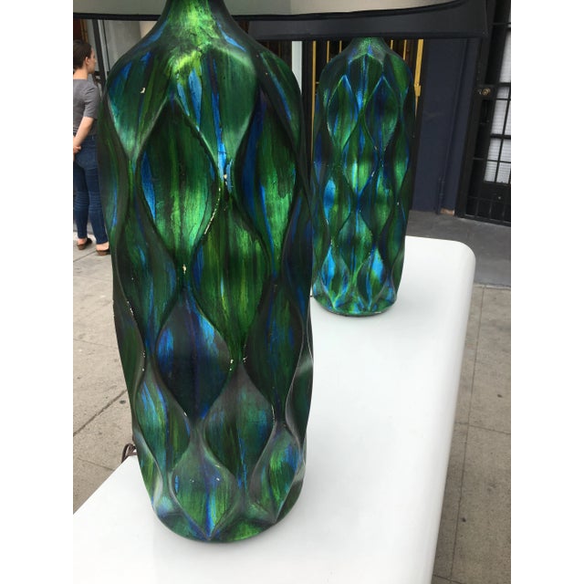 Mid-Century Modern Pair of Tall Mid-Century Iridescent Ceramic Table Lamps – Blue & Green Glaze With Custom Shades For Sale - Image 3 of 12