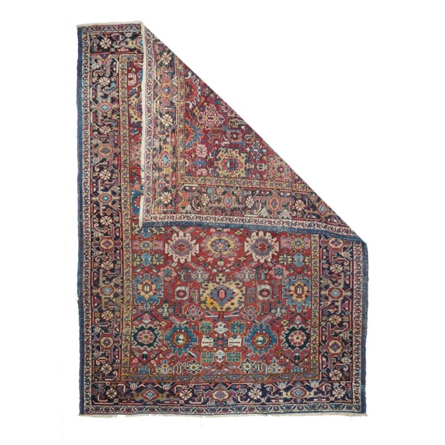 Antique Heriz Rug 6'11'' x 9'10''. The coral field is dominated by eight giant bitonal fringed, bent and strongly hooked...