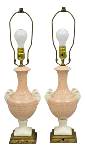 Vintage Italian Neoclassical Pink Porcelain Urn Table Lamps W/ Bearded Man - a Pair