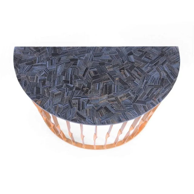 Contemporary Rare Blue Tiger Eye Precious Stone Hemisphere Table With Designer Base For Sale - Image 3 of 6